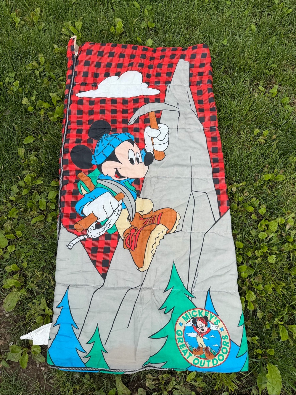Vintage 90s Disney Mickey Mouse 'Great Outdoors' Sleeping Bag - Red Black Plaid